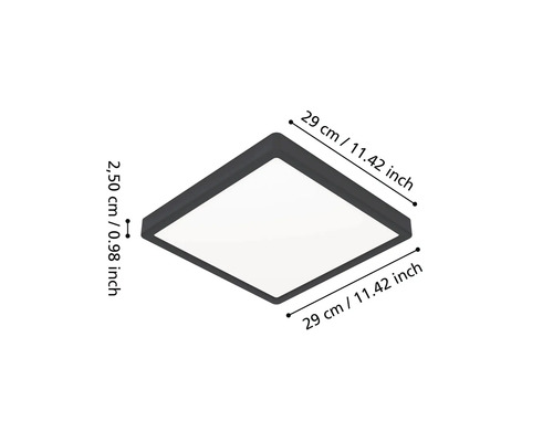 Štvorcové stropné LED svietidlo s rozmermi: 29 centimetrov krát 29 centimetrov a výškou 2,50 centimetra.