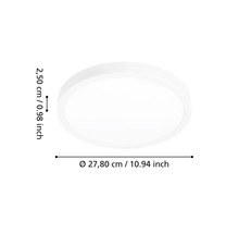 Okrúhle ploché stropné svietidlo s priemerom 27,80 centimetrov a výškou 2,50 centimetrov.