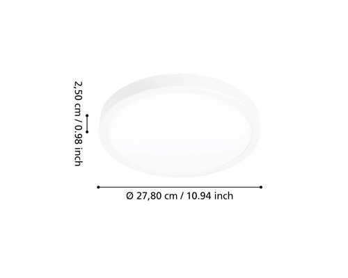 Okrúhle ploché stropné svietidlo s priemerom 27,80 centimetrov a výškou 2,50 centimetrov.
