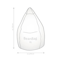 Náčrt sedacieho vaku BeanBag XL s rozmermi: výška circa 110 centimetrov, priemer circa 70 centimetrov.