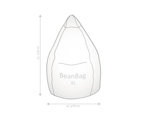 Náčrt sedacieho vaku BeanBag XL s rozmermi: výška circa 110 centimetrov, priemer circa 70 centimetrov.