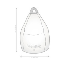 Nákres sedacieho vaku BeanBag XL s rozmermi: výška približne 110 centimetrov a priemer približne 70 centimetrov.