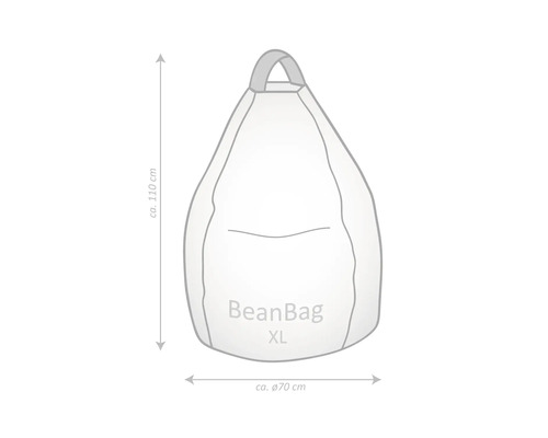 Nákres sedacieho vaku BeanBag XL s rozmermi: výška približne 110 centimetrov a priemer približne 70 centimetrov.