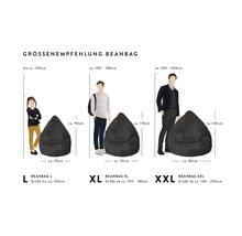 Odporúčanie veľkosti sedacích vakov vo veľkostiach L, XL a XXL s rozmermi pre telesnú výšku, výšku a šírku produktu v centimetroch.