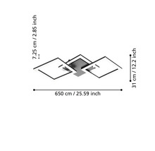 Moderné stropné LED svietidlo s tromi obdĺžnikovými prvkami, šírka približne 65 centimetrov, hĺbka 31 centimetrov, výška 7,25 centimetra.