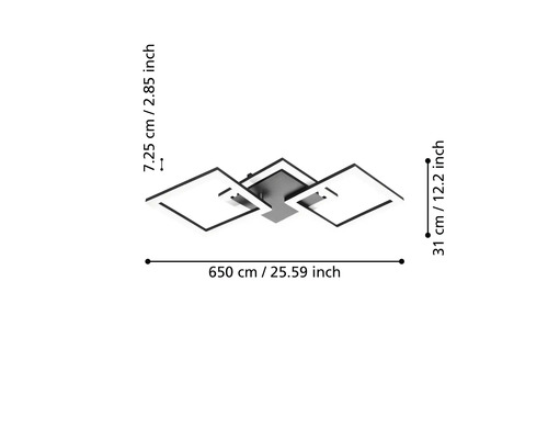 Moderné stropné LED svietidlo s tromi obdĺžnikovými prvkami, šírka približne 65 centimetrov, hĺbka 31 centimetrov, výška 7,25 centimetra.