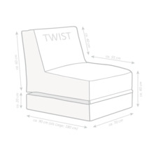 Rozmerový nákres kresla Twist: šírka približne 70 centimetrov, hĺbka približne 90 centimetrov, výška sedu približne 40 centimetrov, dĺžka v rozloženom stave približne 180 centimetrov.