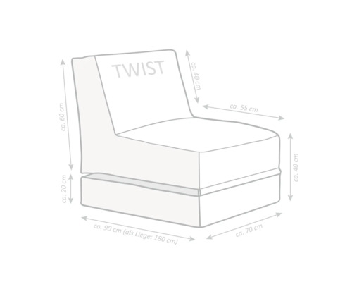 Rozmerový nákres kresla Twist: šírka približne 70 centimetrov, hĺbka približne 90 centimetrov, výška sedu približne 40 centimetrov, dĺžka v rozloženom stave približne 180 centimetrov.