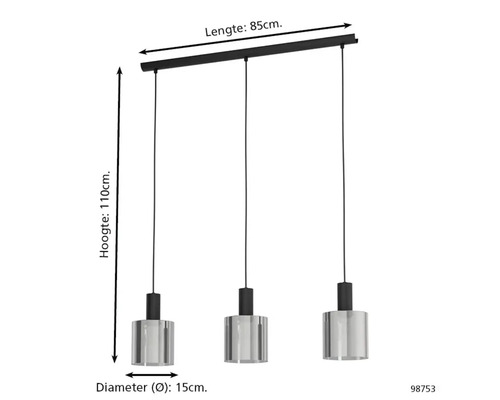 Závesné svietidlo s tromi zdrojmi a valcovými tienidlami, dĺžka 85 centimetrov, výška 110 centimetrov, priemer tienidla 15 centimetrov.