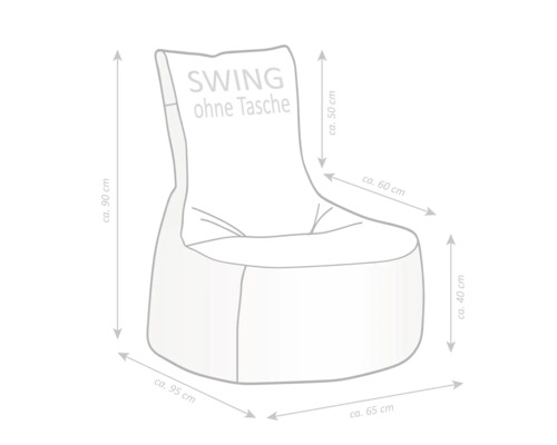 Sedací vak SWING bez vrecka s rozmermi: celková výška približne 90 cm, šírka približne 65 cm, celková hĺbka približne 95 cm, výška sedu približne 40 cm.