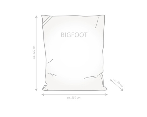 Nákres sedacieho vaku BIGFOOT s rozmermi: výška približne 170 cm, šírka približne 130 cm, hĺbka približne 20 cm.