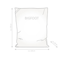 Nákres sedacieho vaku BIGFOOT s rozmermi: výška približne 170 cm, šírka približne 130 cm, hĺbka približne 20 cm.