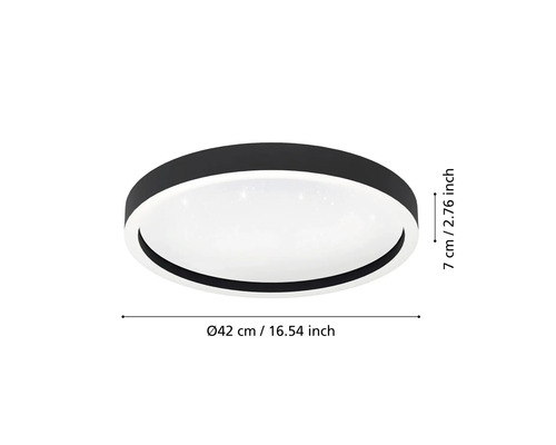 Okrúhle stropné svietidlo s priemerom 42 centimetrov a výškou 7 centimetrov.