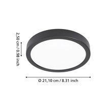 Okrúhle LED stropné svietidlo v čiernej farbe s priemerom 21,10 centimetra a výškou 2,50 centimetra.