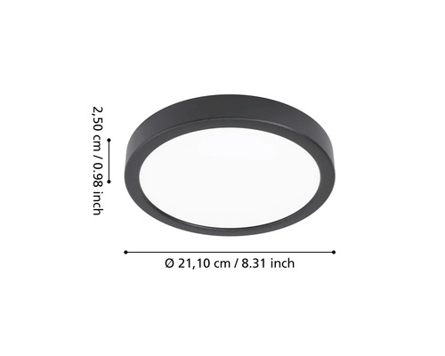 Okrúhle LED stropné svietidlo v čiernej farbe s priemerom 21,10 centimetra a výškou 2,50 centimetra.