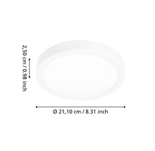 Okrúhle ploché biele stropné svietidlo s priemerom 21,10 centimetrov a výškou 2,50 centimetrov.