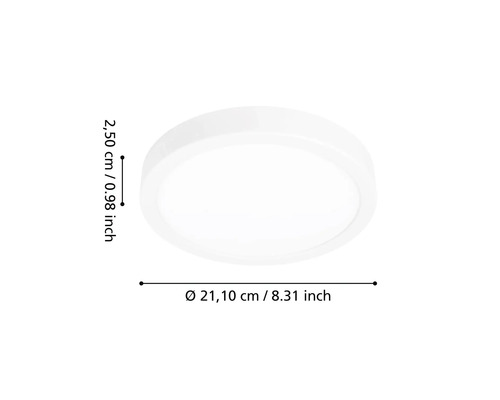 Okrúhle ploché biele stropné svietidlo s priemerom 21,10 centimetrov a výškou 2,50 centimetrov.