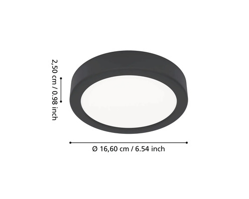 Okrúhle LED stropné svietidlo, priemer 16,60 centimetra, výška 2,50 centimetra.