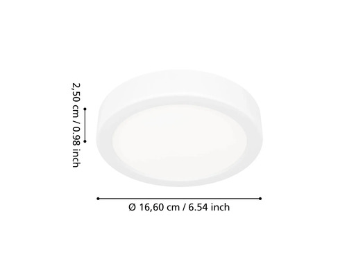 Okrúhle stropné LED svietidlo s priemerom 16,60 centimetra a výškou 2,50 centimetra.
