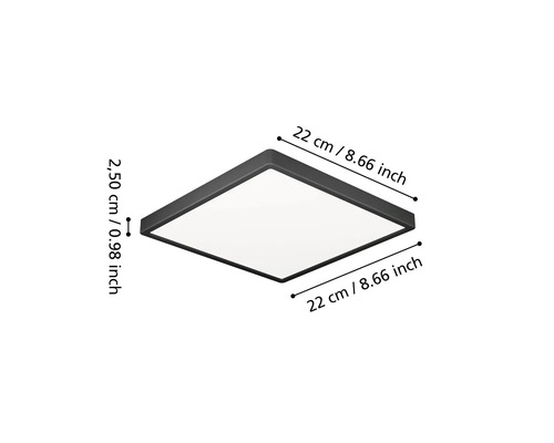 Štvorcové LED stropné svietidlo s čiernym rámom, šírka 22 centimetrov, dĺžka 22 centimetrov, výška 2,50 centimetra.