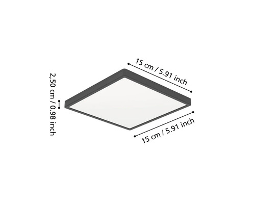 Štvorcové LED panelové svietidlo s rozmermi: dĺžka 15 centimetrov, šírka 15 centimetrov a výška 2,50 centimetrov.