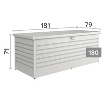 Záhradný box s vodorovnou líniovou štruktúrou a rozmermi 181 centimetrov dĺžky, 79 centimetrov šírky a 71 centimetrov výšky. Model veľkosť 180.