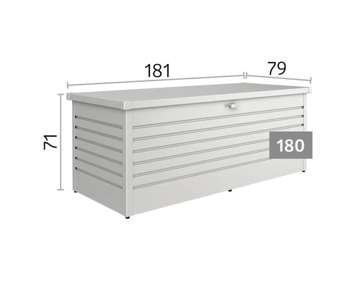 Záhradný box s vodorovnou líniovou štruktúrou a rozmermi 181 centimetrov dĺžky, 79 centimetrov šírky a 71 centimetrov výšky. Model veľkosť 180.