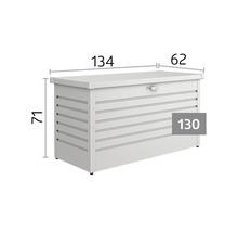 Kovový záhradný box s rozmermi: dĺžka 134 centimetrov, hĺbka 62 centimetrov, výška 71 centimetrov, model 130.