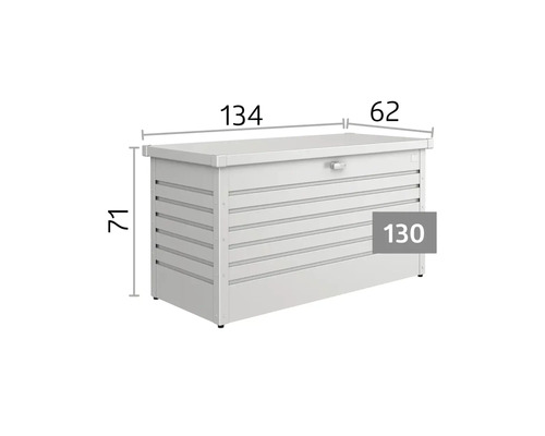 Kovový záhradný box s rozmermi: dĺžka 134 centimetrov, hĺbka 62 centimetrov, výška 71 centimetrov, model 130.