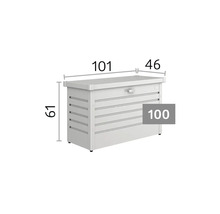 Záhradný úložný box s rozmermi: šírka 101 centimetrov, hĺbka 46 centimetrov, výška 61 centimetrov. Model 100.