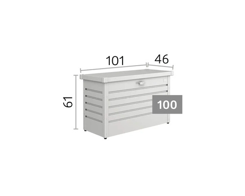 Záhradný úložný box s rozmermi: šírka 101 centimetrov, hĺbka 46 centimetrov, výška 61 centimetrov. Model 100.