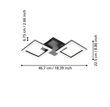 Stropné LED svietidlo s dvoma štvorcovými rámami, rozmery 46,7 centimetrov šírka, 22,5 centimetrov hĺbka a 6,75 centimetrov výška.