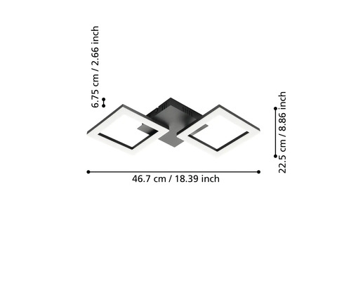 Stropné LED svietidlo s dvoma štvorcovými rámami, rozmery 46,7 centimetrov šírka, 22,5 centimetrov hĺbka a 6,75 centimetrov výška.