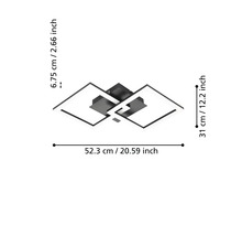 Moderné LED stropné svietidlo s dvoma štvorcami, rozmery: šírka 52,3 centimetrov, hĺbka 31 centimetrov, výška 6,75 centimetrov.
