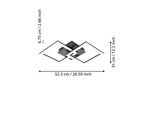 Moderné LED stropné svietidlo s dvoma štvorcami, rozmery: šírka 52,3 centimetrov, hĺbka 31 centimetrov, výška 6,75 centimetrov.