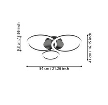 LED stropné svietidlo s tromi kruhmi, rozmery: šírka 54 centimetrov, hĺbka 41 centimetrov, výška 9,3 centimetra.