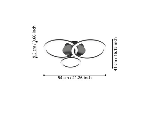 LED stropné svietidlo s tromi kruhmi, rozmery: šírka 54 centimetrov, hĺbka 41 centimetrov, výška 9,3 centimetra.