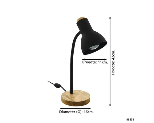 Stolná lampa z kovu s drevenou základňou. Výška 42 centimetrov, šírka tienidla 11 centimetrov, priemer základne 16 centimetrov.