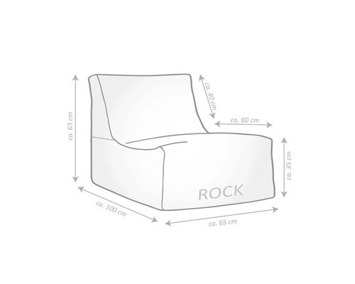 Technický nákres sedacieho vaku Rock s rozmermi: výška približne 65 centimetrov, hĺbka približne 100 centimetrov a šírka približne 65 centimetrov.