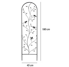 Čierna kovová mriežka na popínavé rastliny s dekoratívnym motívom listov a vtákov, výška 180 centimetrov, šírka 45 centimetrov.