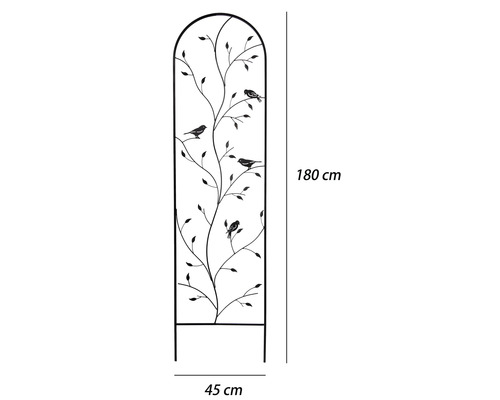 Čierna kovová mriežka na popínavé rastliny s dekoratívnym motívom listov a vtákov, výška 180 centimetrov, šírka 45 centimetrov.