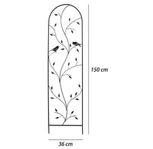 Kovová opora pre popínavé rastliny s motívom listov a vtákov, 150 na 36 centimetrov.