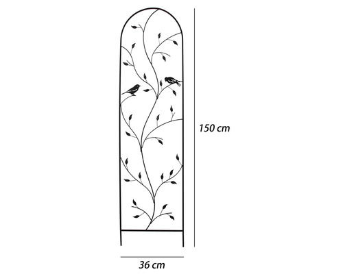 Kovová opora pre popínavé rastliny s motívom listov a vtákov, 150 na 36 centimetrov.