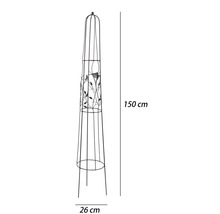 Kovový záhradný obelisk s dekorom vtáčika a listov, výška 150 centimetrov, priemer 26 centimetrov.