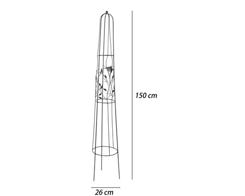 Kovový záhradný obelisk s dekorom vtáčika a listov, výška 150 centimetrov, priemer 26 centimetrov.