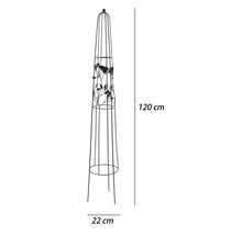 Kovový obelisk na rastliny s motívom vtákov a listov, výška 120 centimetrov, šírka 22 centimetrov.