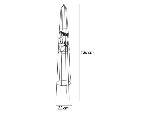 Kovový obelisk na rastliny s motívom vtákov a listov, výška 120 centimetrov, šírka 22 centimetrov.