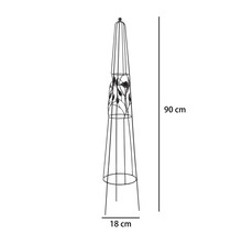 Kovový záhradný obelisk pre popínavé rastliny s motívom vtákov a listov, výška 90 centimetrov, priemer 18 centimetrov.