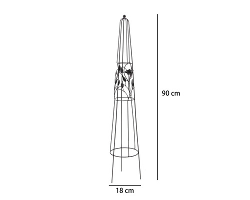 Kovový záhradný obelisk pre popínavé rastliny s motívom vtákov a listov, výška 90 centimetrov, priemer 18 centimetrov.