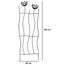 Čierna kovová opora na popínavé rastliny s motívom púpavy, rozmery 150 centimetrov na výšku a 48 centimetrov na šírku.